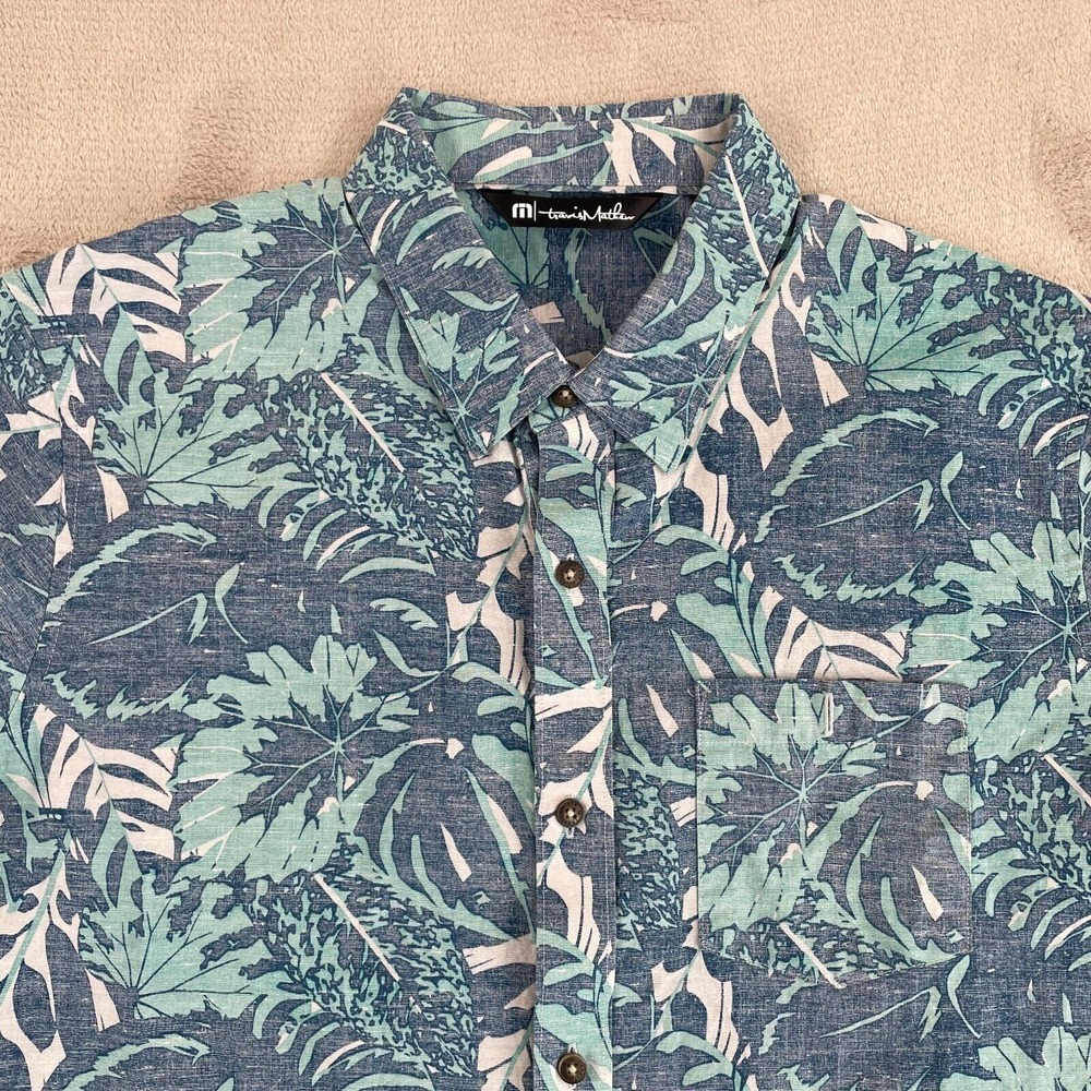 Travis Mathew Shirt Men Large Blue Hawaiian Reverse Print Golf Short Sleeve NWOT